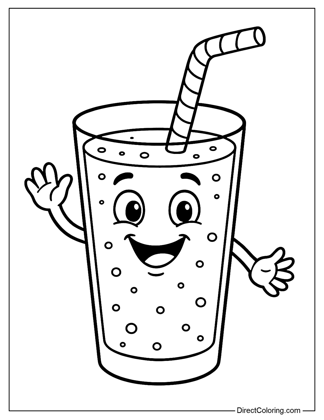 Smoothie Cup Coloring Page with a smiling face, happy hands raised, and a twisted straw.